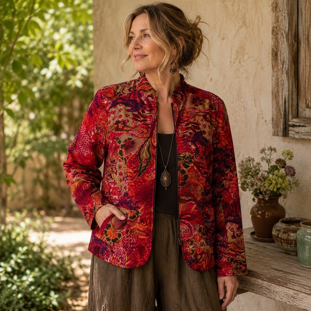 Coldwater Creek Womens Patchwork Jacket Sz Petite L Floral Zip Front Boho Artsy